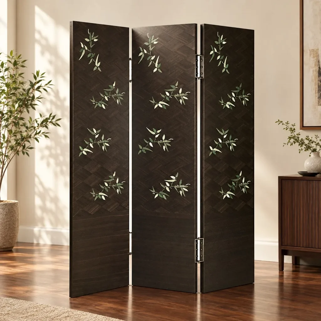 Bamboo Leaf Marquetry Folding Screen in Dark Wood — front view