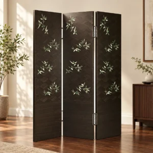 Bamboo Leaf Marquetry Folding Screen in Dark Wood — front view