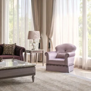 Finley Lilac Velvet Armchair with Curved Lines and Fringe in plum — front view
