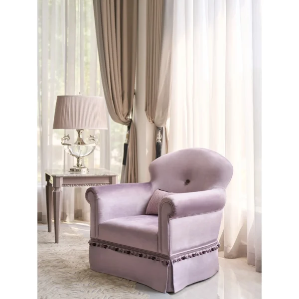 Finley Lilac Velvet Armchair with Curved Lines and Fringe in plum — in a room setting