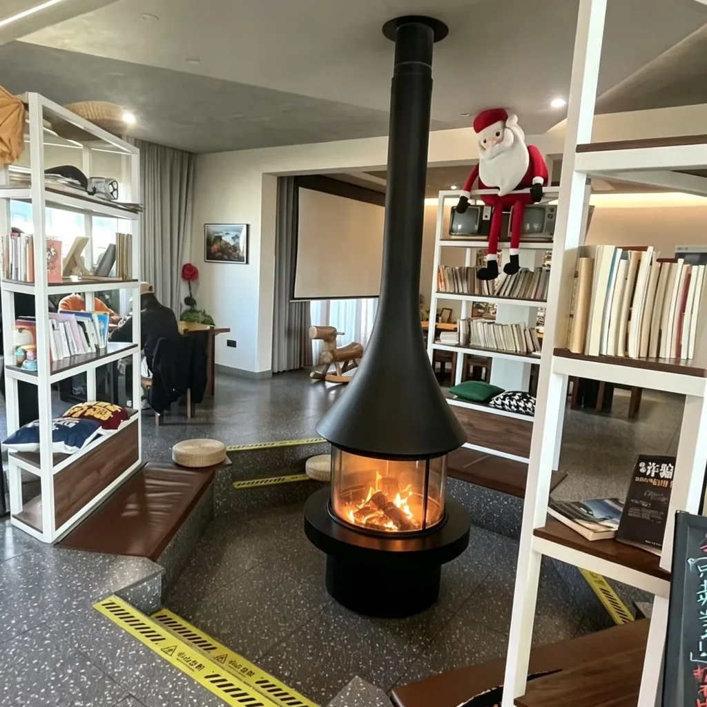Conical Suspended Fireplace for Bookshops and Reading Rooms in black — front view