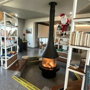 Conical Suspended Fireplace for Bookshops and Reading Rooms in black — front view