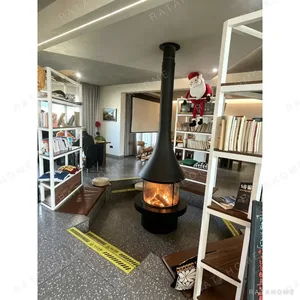 Conical Suspended Fireplace for Bookshops and Reading Rooms in black — in a room setting