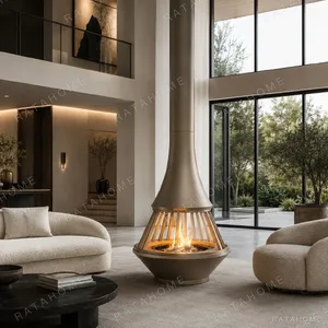 Conical Floor-Standing Fireplace in sand — in a room setting