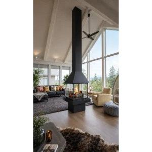 Freestanding Wood-Burning Fireplace in black — in a room setting