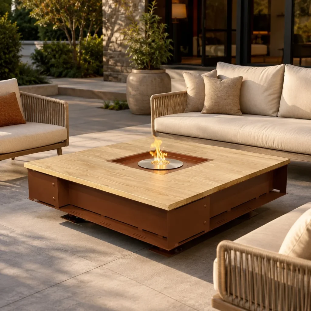Outdoor Fire Pit Coffee Table in Travertine and Corten Steel — front view