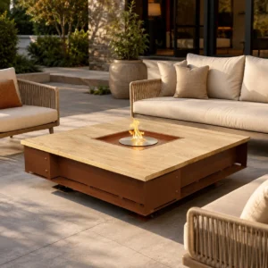 Outdoor Fire Pit Coffee Table in Travertine and Corten Steel — front view