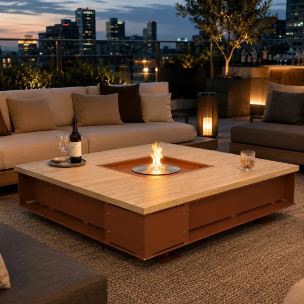 Outdoor Fire Pit Coffee Table in Travertine and Corten Steel — in a room setting