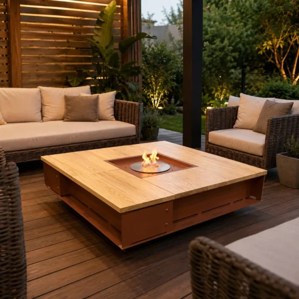 Outdoor Fire Pit Coffee Table in Travertine and Corten Steel — in a room setting