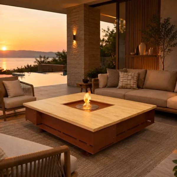 Outdoor Fire Pit Coffee Table in Travertine and Corten Steel — in a room setting