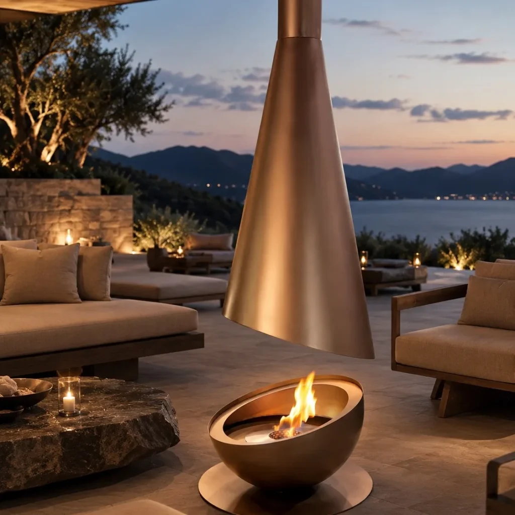 Outdoor Suspended Cone Fireplace in brushed brass — front view