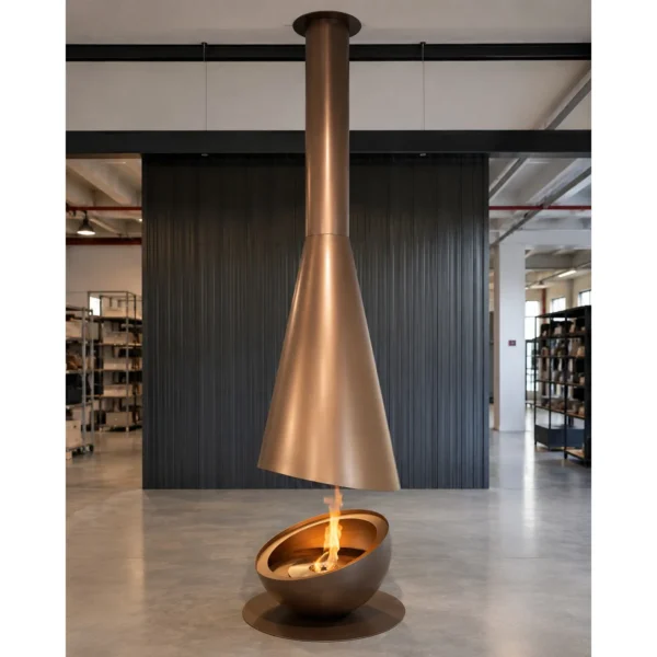 Outdoor Suspended Cone Fireplace in brushed brass — in a room setting