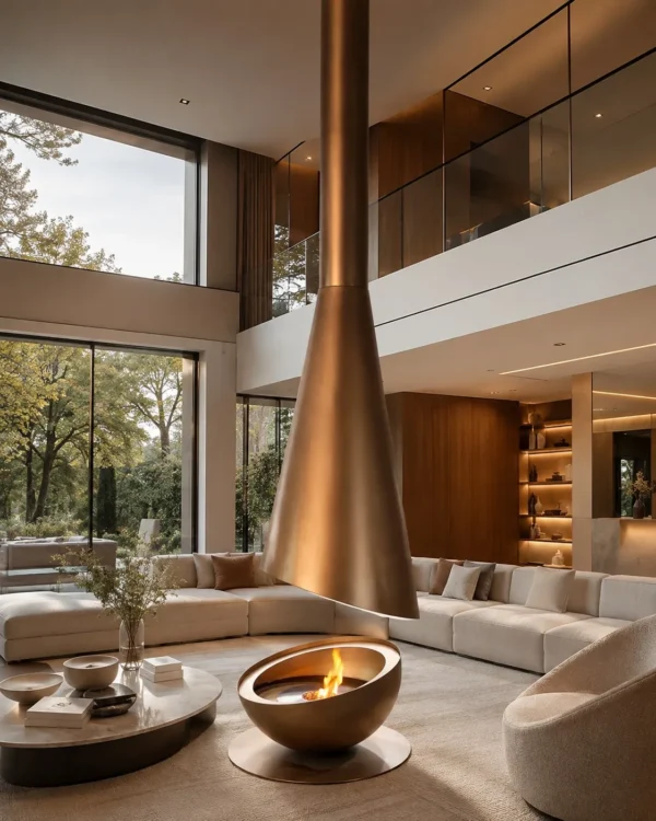 Outdoor Suspended Cone Fireplace in brushed brass — in a room setting