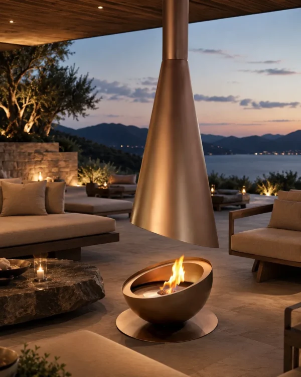 Outdoor Suspended Cone Fireplace in brushed brass — in a room setting