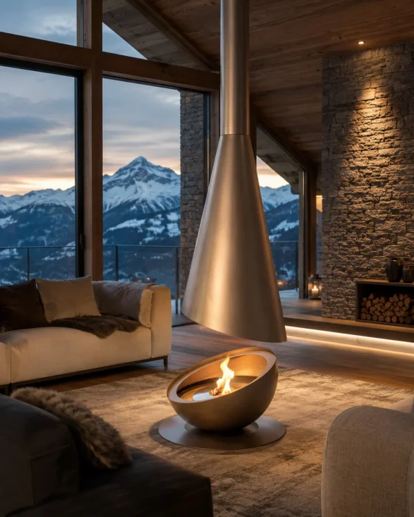 Outdoor Suspended Cone Fireplace in brushed brass — in a room setting
