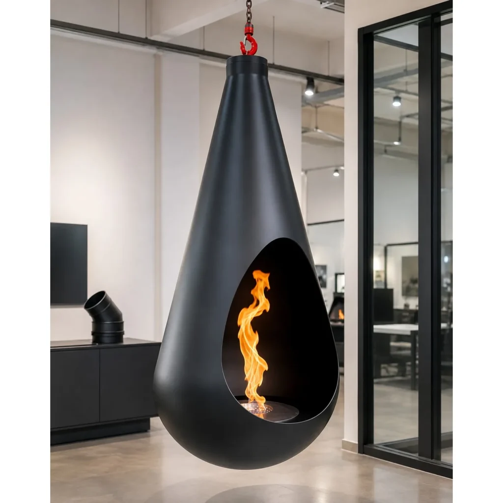 Teardrop Suspended Fireplace in black — front view