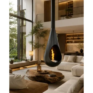 Teardrop Suspended Fireplace in black — in a room setting