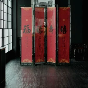 Five Blessings Red Calligraphy Double-Sided Folding Screen in red — front view