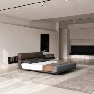 Floating Light Italian Leather Bed with Soft Backrest in clay — front view