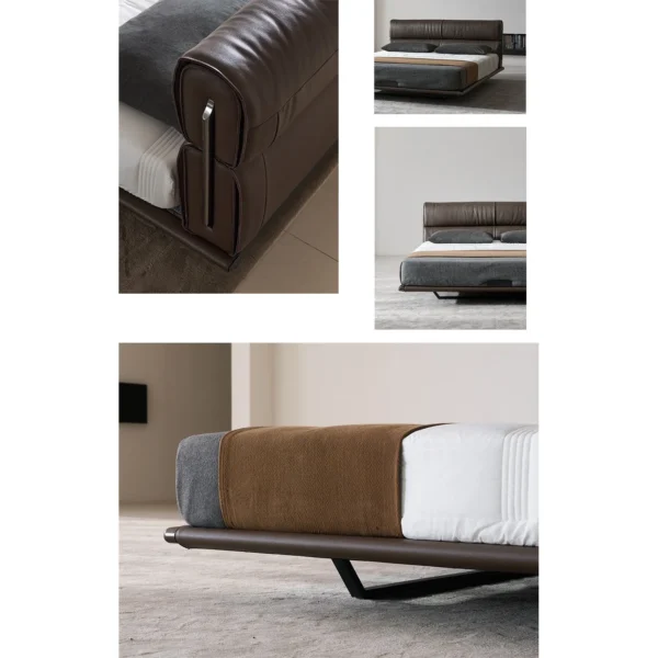Floating Light Italian Leather Bed with Soft Backrest in clay — in a room setting
