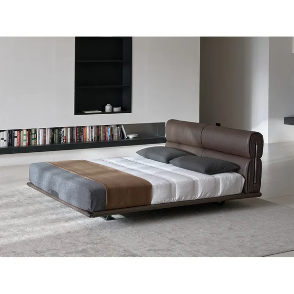Floating Light Italian Leather Bed with Soft Backrest in clay — in a room setting