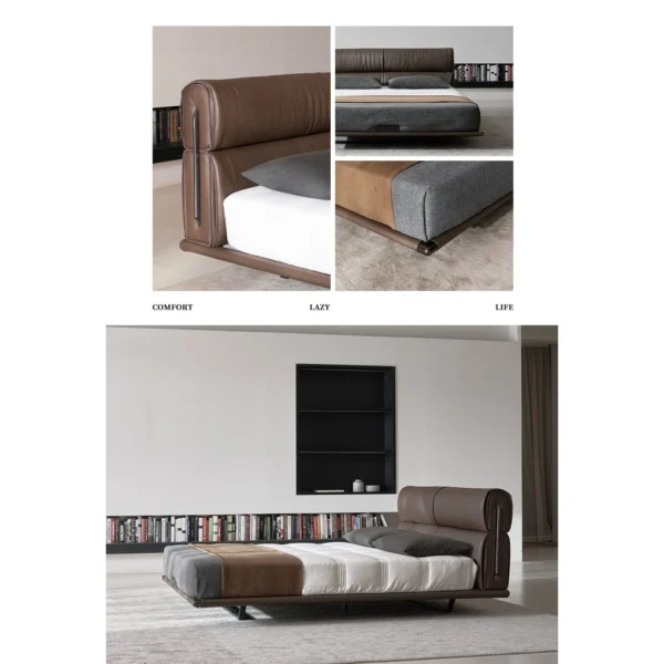 Floating Light Italian Leather Bed with Soft Backrest in clay — in a room setting