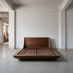 Floating Platform Teak Bed in walnut — front view