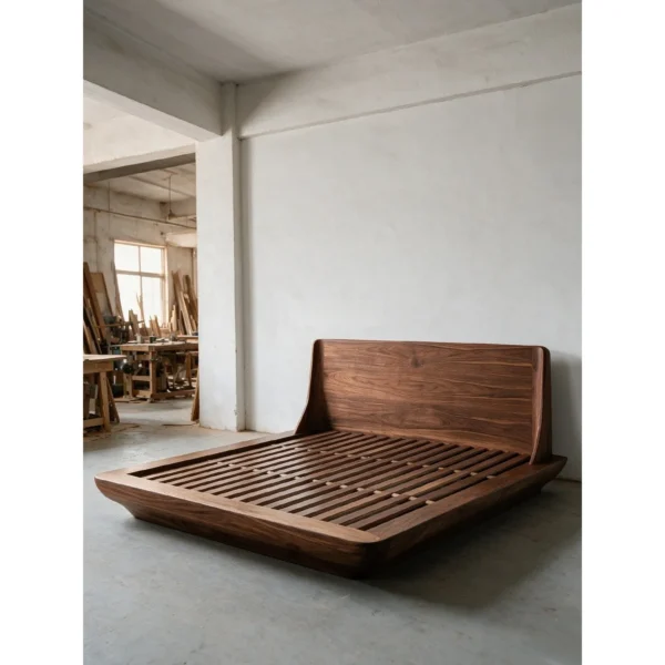 Floating Platform Teak Bed in walnut — in a room setting