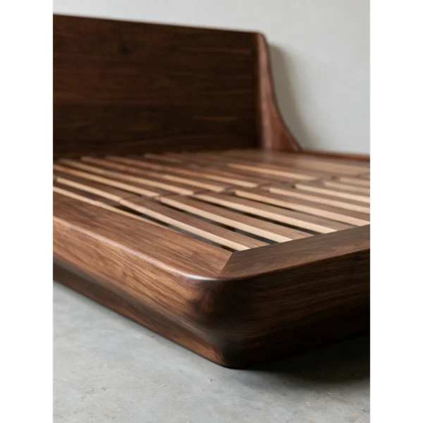 Floating Platform Teak Bed in walnut — in a room setting