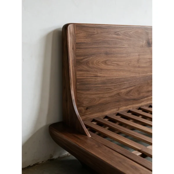 Floating Platform Teak Bed in walnut — in a room setting