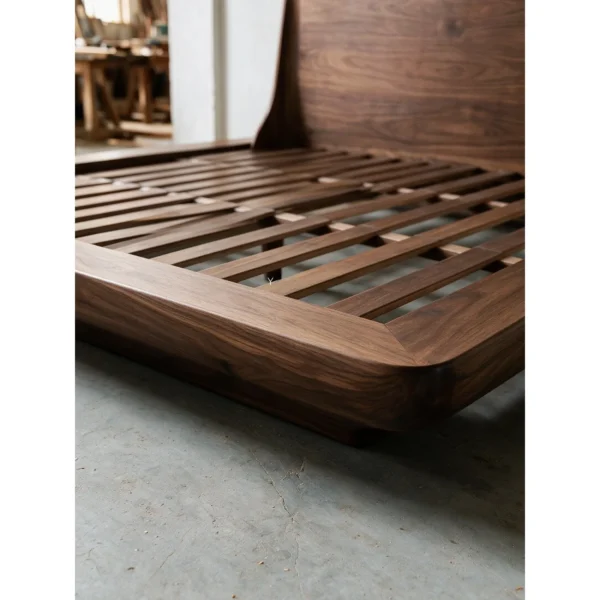 Floating Platform Teak Bed in walnut — in a room setting