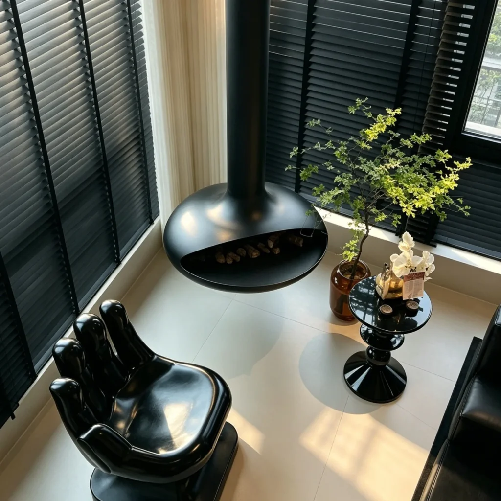 Floating Saucer Suspended Fireplace in Matte Black — front view
