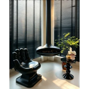 Floating Saucer Suspended Fireplace in Matte Black — in a room setting