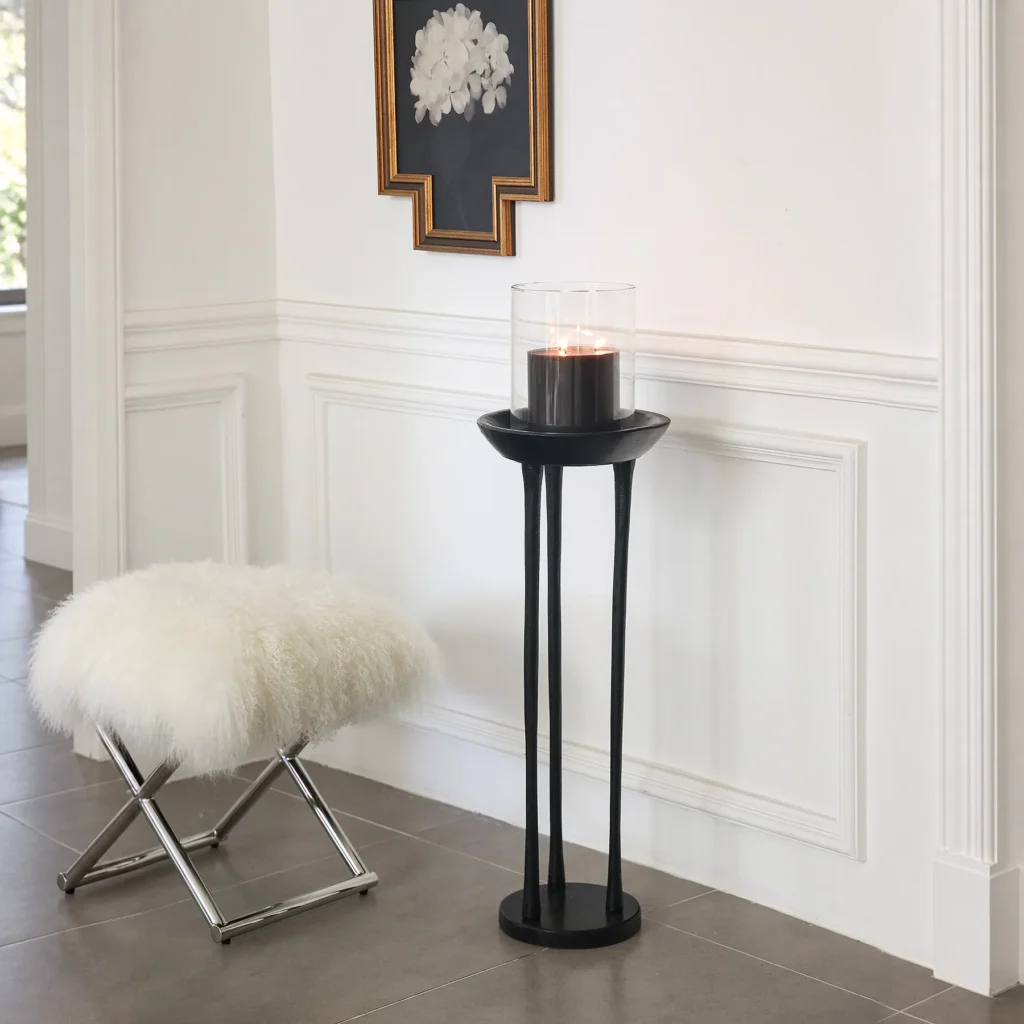 Black Wood Tripod Floor Candle Holder with Tray Top in black — front view