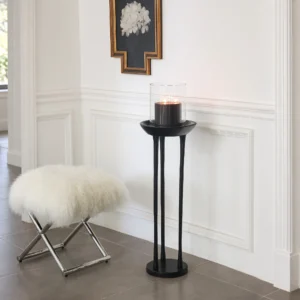 Black Wood Tripod Floor Candle Holder with Tray Top in black — front view