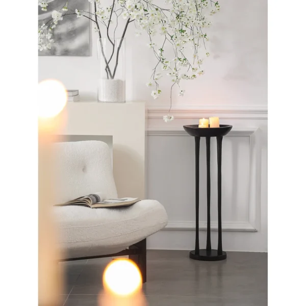Black Wood Tripod Floor Candle Holder with Tray Top in black — in a room setting