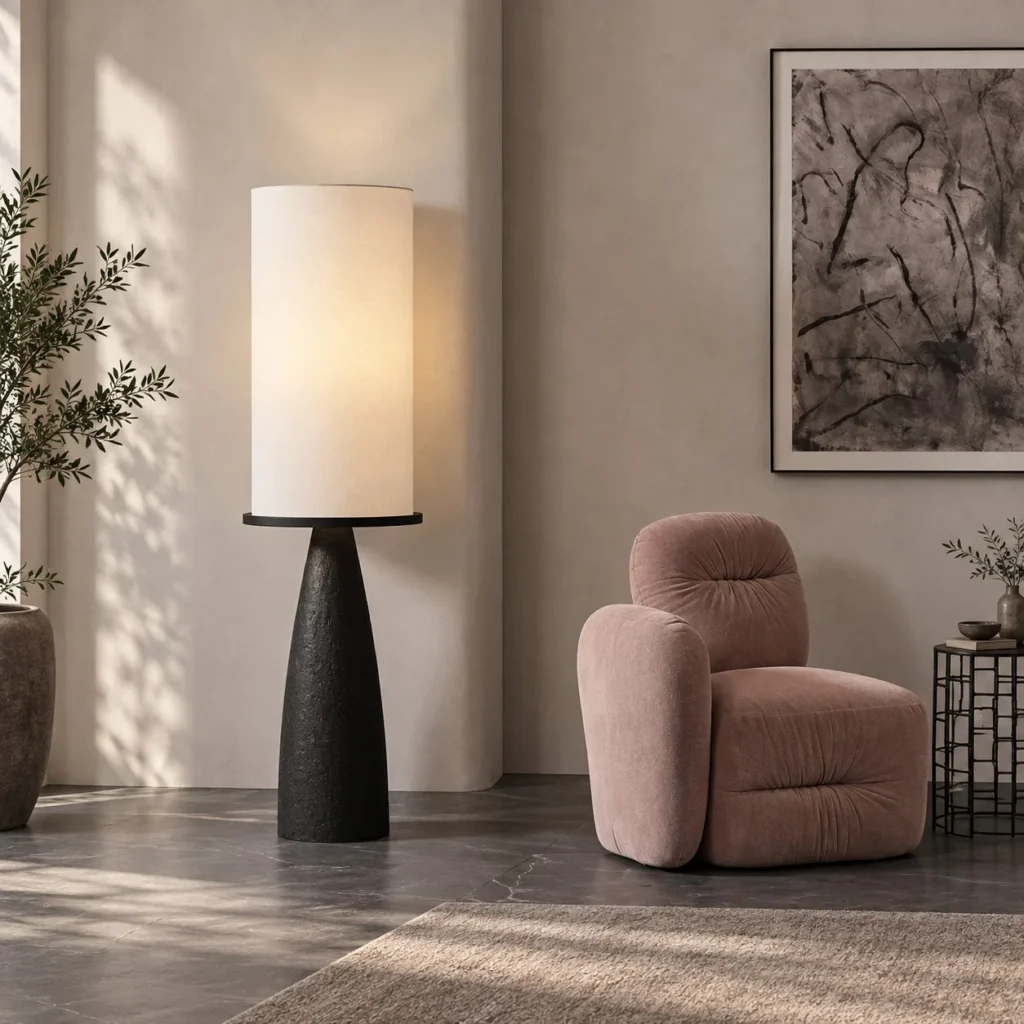 Black Cone Base Floor Lamp with Tall Linen Cylinder Shade in black — front view