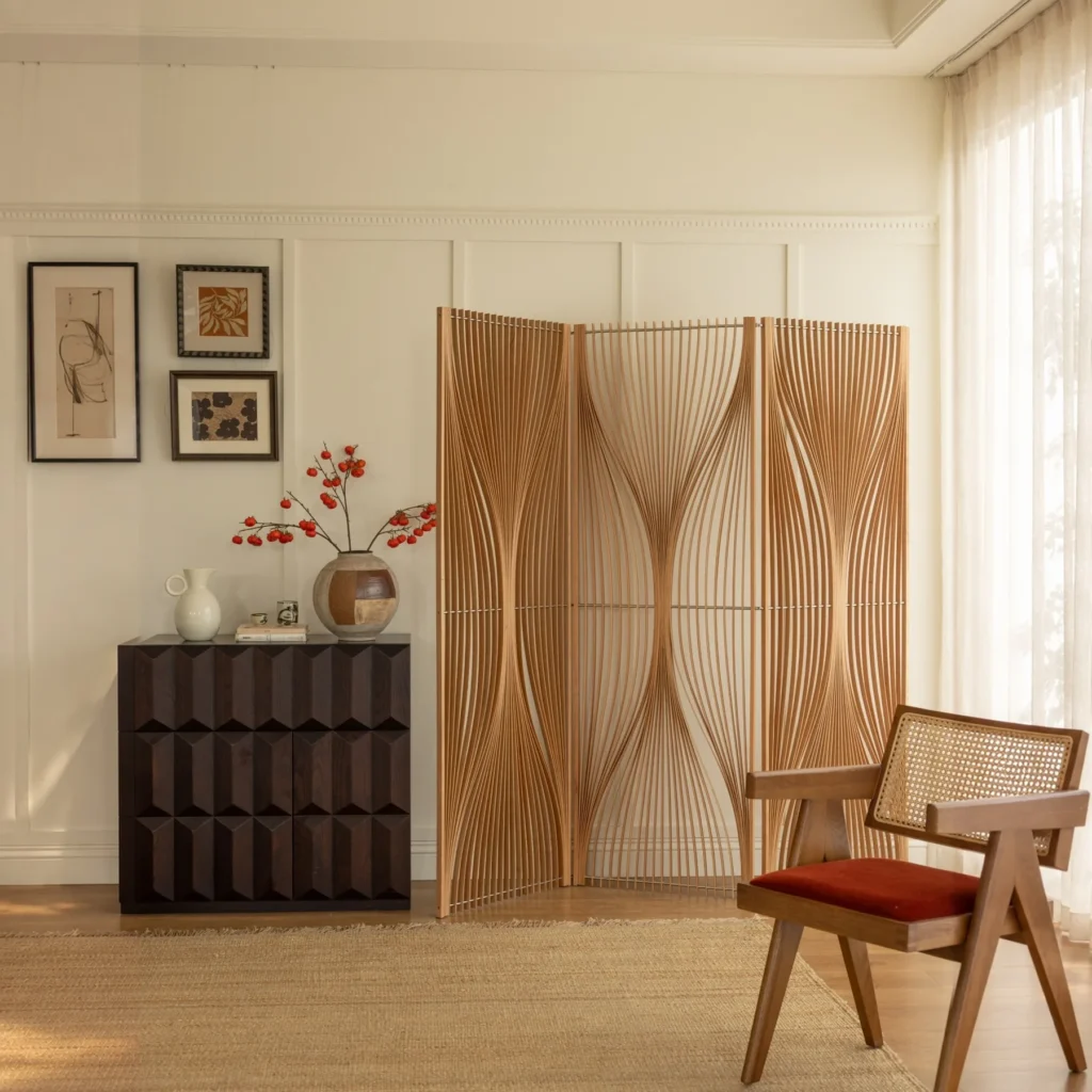 Flowing Cherry Wood Slat Folding Screen in natural oak — front view