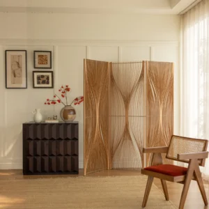 Flowing Cherry Wood Slat Folding Screen in natural oak — front view