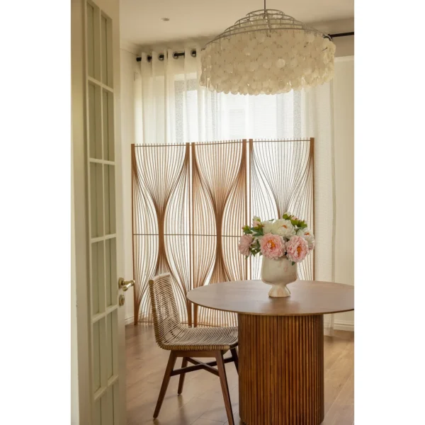 Flowing Cherry Wood Slat Folding Screen in natural oak — in a room setting