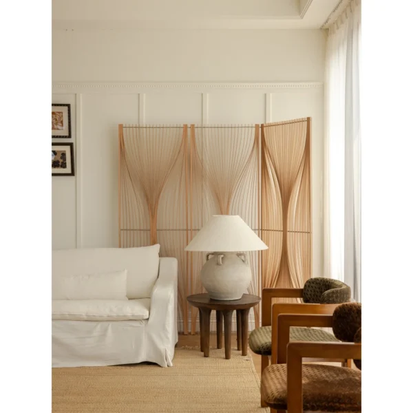 Flowing Cherry Wood Slat Folding Screen in natural oak — in a room setting