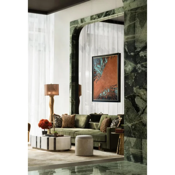 Flowing Colour Abstract Wall Art in Rust and Teal — in a room setting