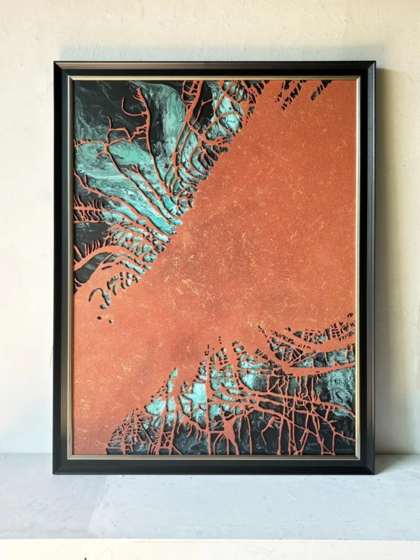 Flowing Colour Abstract Wall Art in Rust and Teal — in a room setting