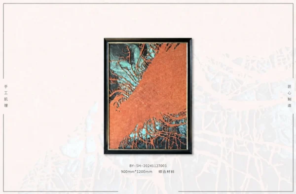 Flowing Colour Abstract Wall Art in Rust and Teal — in a room setting