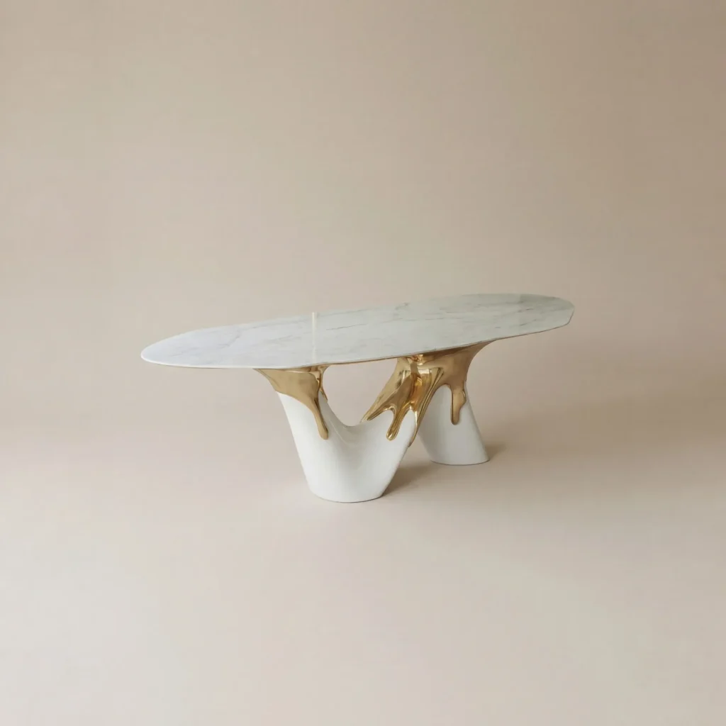 White Marble Table on Molten Gold Sculptural Base in ivory — front view