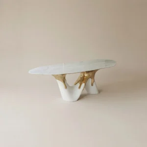White Marble Table on Molten Gold Sculptural Base in ivory — front view