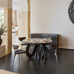 Flowing Marquetry Round Table on Sculptural Wave Base in clay — front view