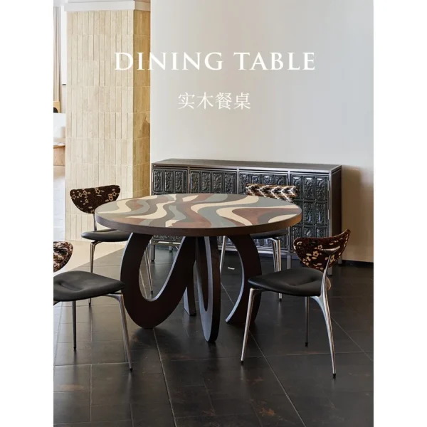 Flowing Marquetry Round Table on Sculptural Wave Base in clay — in a room setting