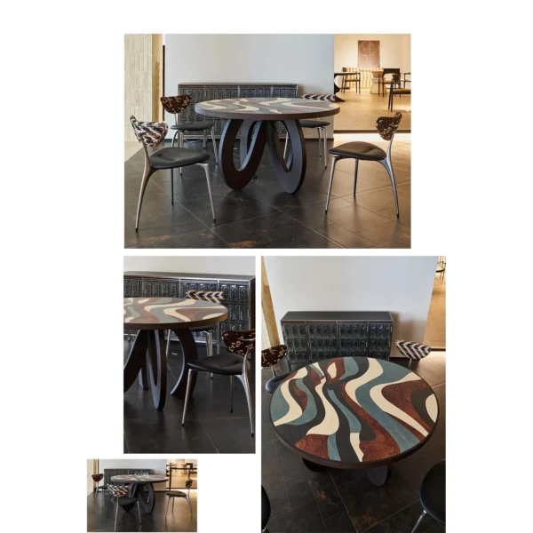 Flowing Marquetry Round Table on Sculptural Wave Base in clay — in a room setting