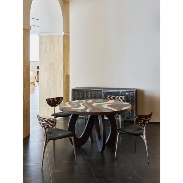 Flowing Marquetry Round Table on Sculptural Wave Base in clay — in a room setting